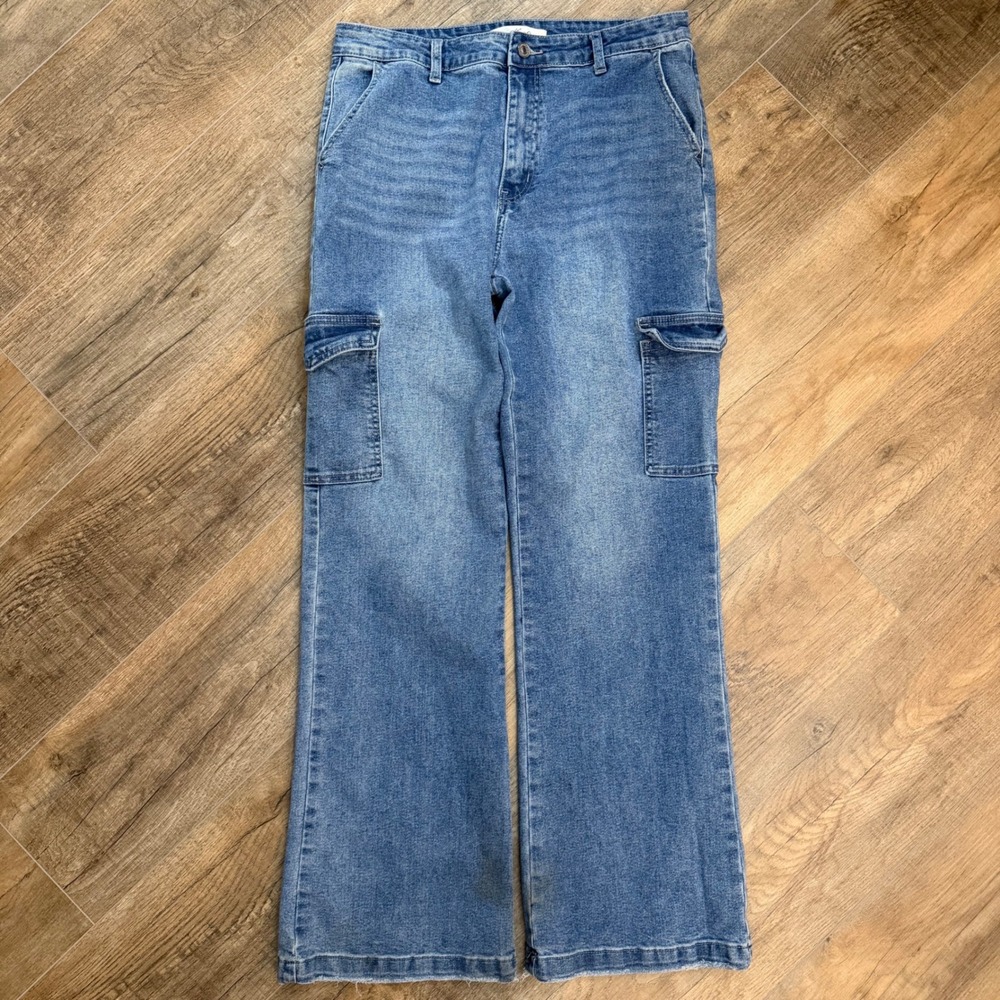 KanCan Wide Leg Cargo Jean Junior 11 Baggy Med Wash Blue Denim Grunge Streetwear